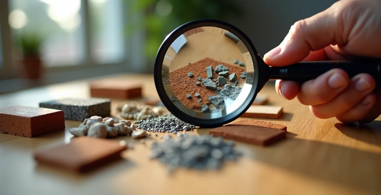 Main tenant une loupe examinant des échantillons de matériaux de construction