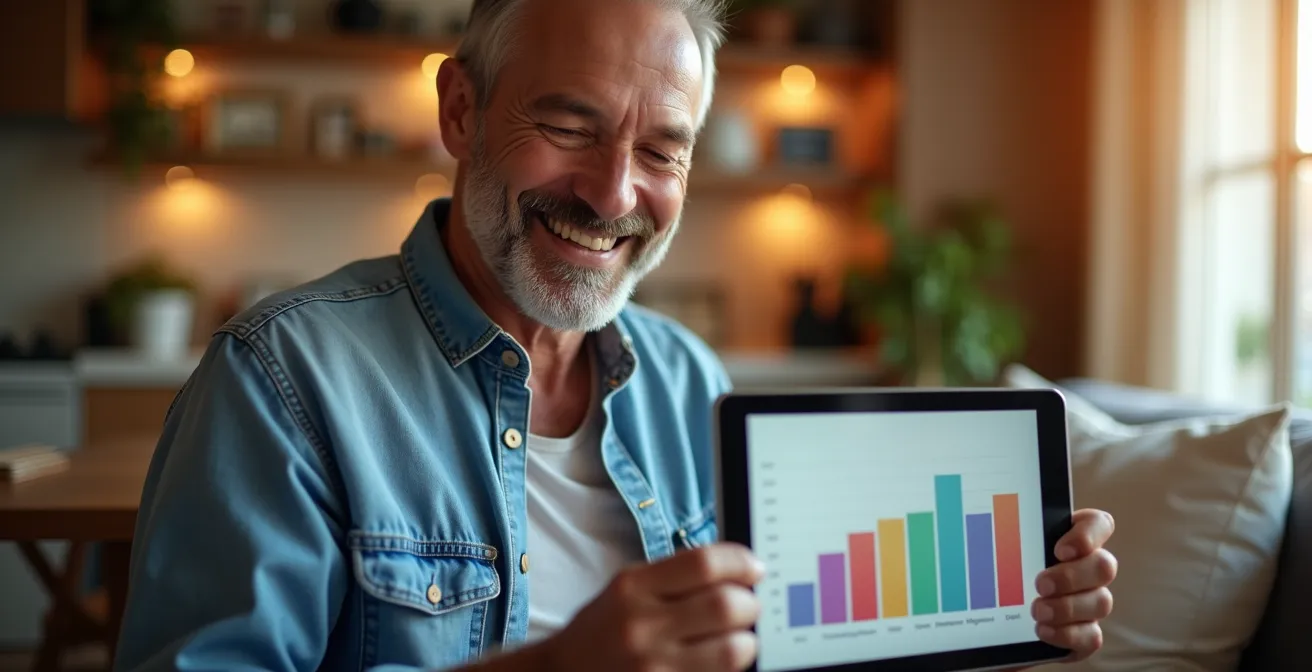 Propriétaire souriant consultant ses économies d'énergie sur tablette