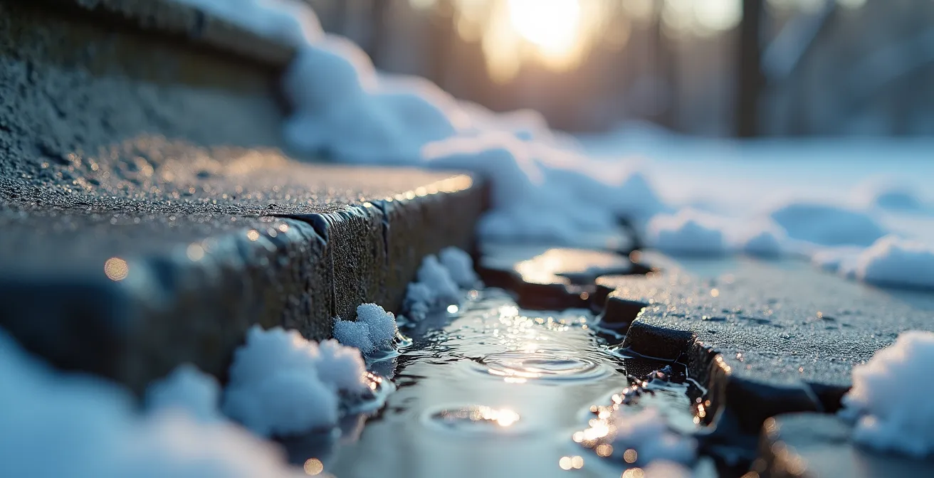 Gros plan sur une fissure dans une fondation de béton avec traces d'humidité et neige fondue
